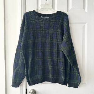 Harbour Classics Blue Green Plaid Grid Vintage Grandpa Baggy Sweater Medium